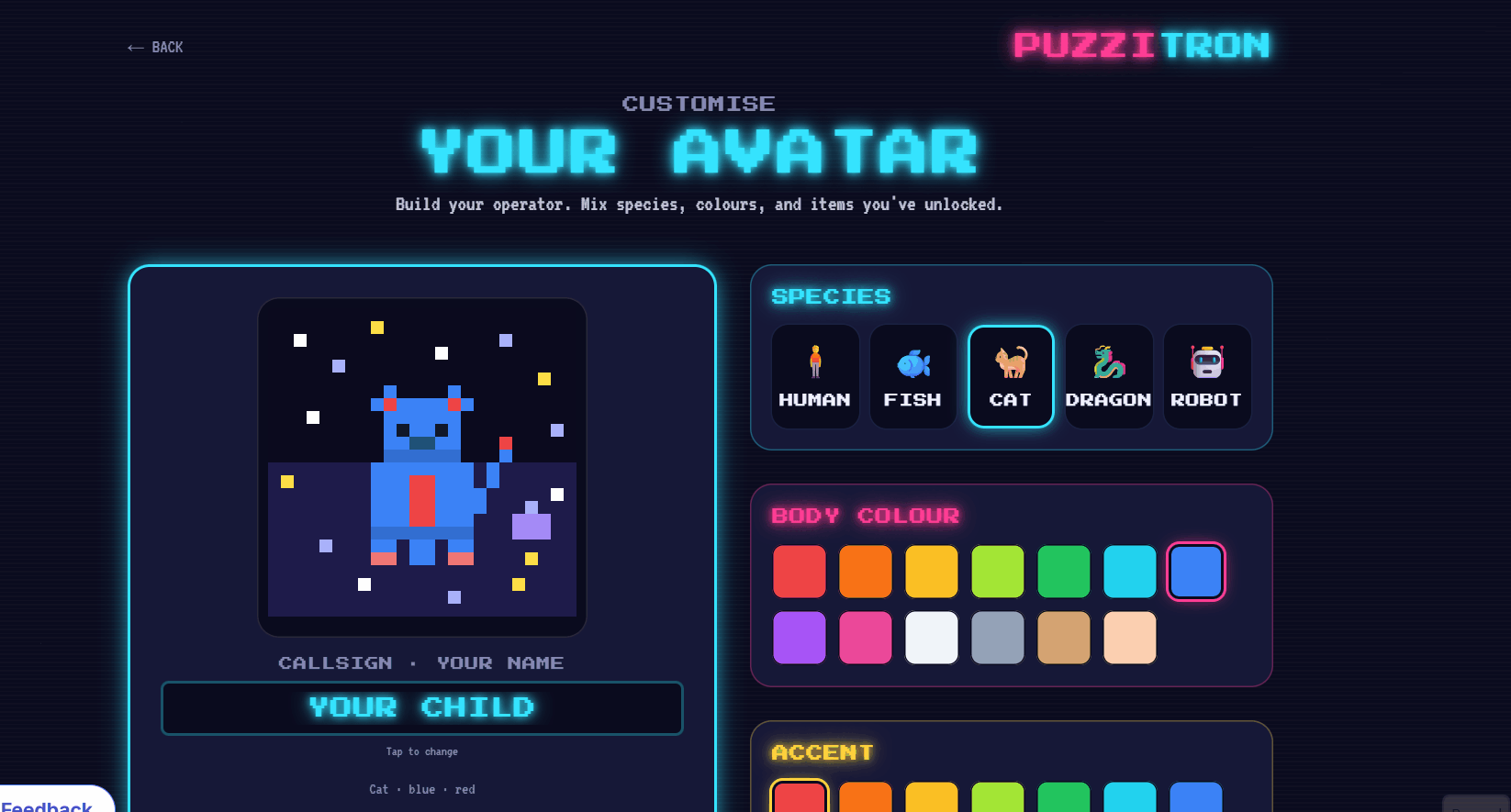 Animated demo — a kid building their Puzzitron avatar, picking colours, character kind, and accessories.