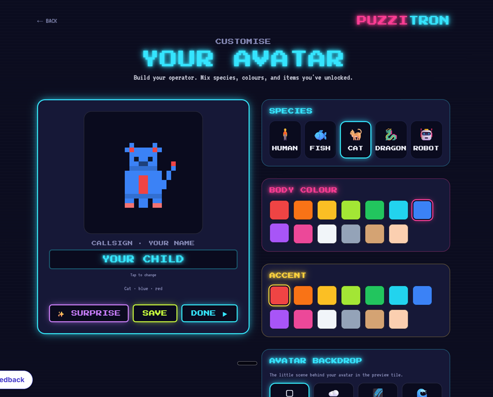 The Puzzitron avatar creation screen — a kid customising their character's colour, kind, and accessories.